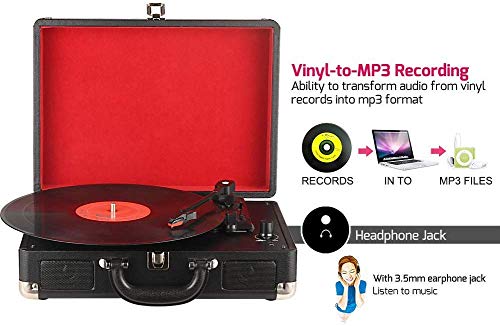 DIGITNOW! Tocadiscos Plato giradiscos Plato Vinilo 33/45/78 RPM, Maleta Portátil con 2 Altavoces Integrados, Grabador de Vinilo a MP3, USB Reproductor MP3, Entrada AUX y RCA, Negro