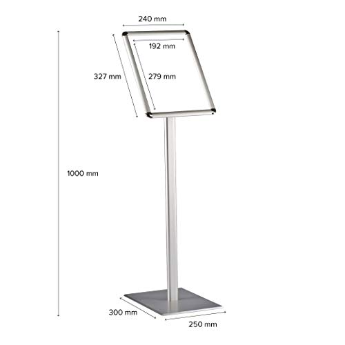 DISPLAY SALES Soporte clásico informativo DIN A4 210 x 297 mm. Diseño prémium plateado (1 m de altura total). Pata sólida de aluminio inoxidable; para uso en formato vertical/horizontal.