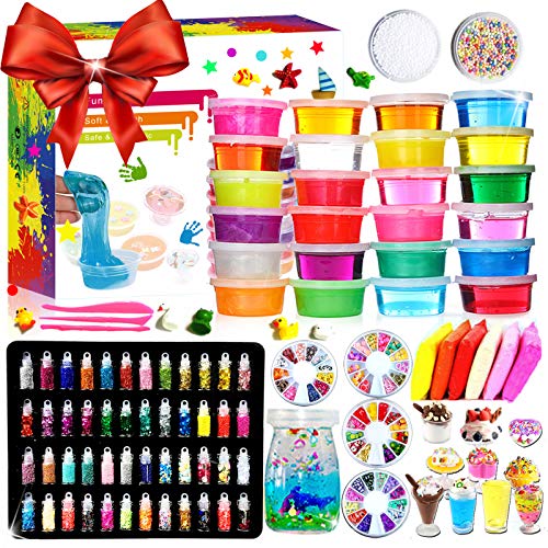 DIY Slime Kit - 24 Colores Kit de Slime Esponjoso con 48 brillantinas, Suministros de Slime Claro para niños, Incluye Arcilla Seca al Aire, rebanadas de Frutas y Herramientas