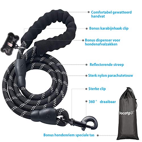 Docatgo Correa de Perro，1,5m Correas de Perros Nylon con MangoAcolchadocómodo，Roscas Altamente Reflectantes para Perros Grandes o Medianos (Negro)