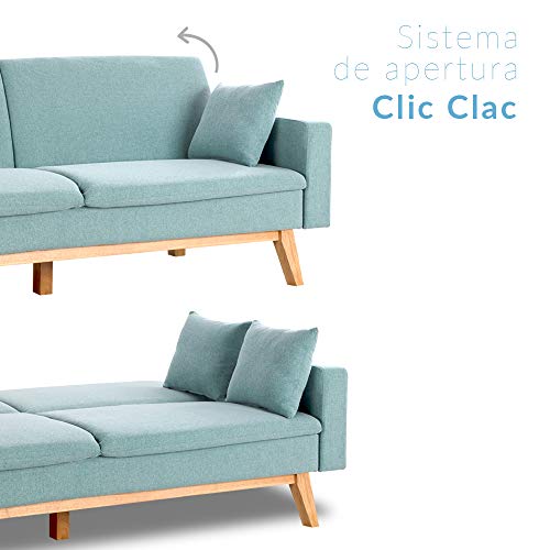 Don Descanso, Sofá Cama 3 plazas Reine, Tapizado en Tela, Color Verde Menta, Sistema Apertura de Libro o Clic-clac, Medida sofá: 206x74x83 cm, Medida Cama: 206x99x83 cm, Incluye 2 Cojines