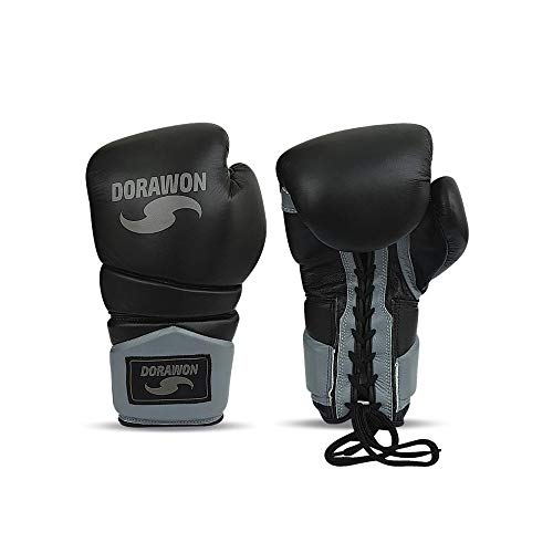 DORAWON, Guantes de Boxeo de competición de Cuero con Cordones Black Talla 8 oz, Negros