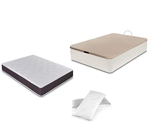 Dormidán - Pack de canapé abatible de Gran Capacidad + colchón viscoelástico + Almohada visco Copos de Regalo (135_x_190_cm, Blanco)