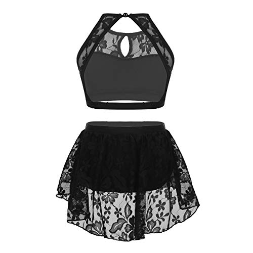 dPois 2 pc Conjunto Espalda Escotada para Niña Baile Jazz Ballet Crop Top Corto + Pantalones Cortos con Falda Tutú Traje de Encaje Flores Lírica Danza Contemporánea Moderna Negro 6-7 Años