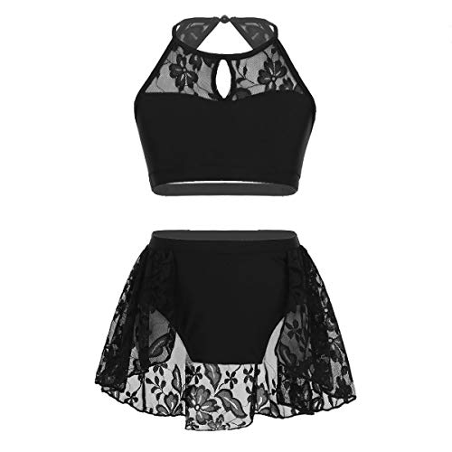 dPois 2 pc Conjunto Espalda Escotada para Niña Baile Jazz Ballet Crop Top Corto + Pantalones Cortos con Falda Tutú Traje de Encaje Flores Lírica Danza Contemporánea Moderna Negro 6-7 Años