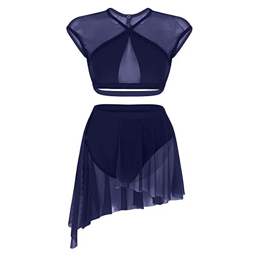 dPois 2 Piezas Traje de Danza Lírica Contemporánea para Mujer Chica Vestido Elegante de Ballet Baile Moderno Conjunto Criss Cross Crop Top + Falda Corta Irregular Fiesta Actuación Azul Marino S