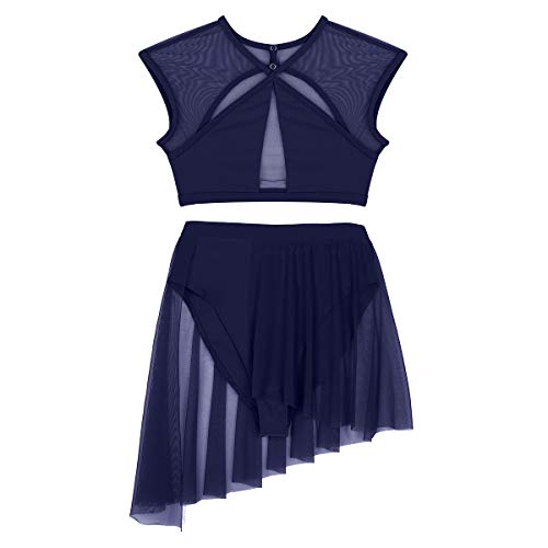 dPois 2 Piezas Traje de Danza Lírica Contemporánea para Mujer Chica Vestido Elegante de Ballet Baile Moderno Conjunto Criss Cross Crop Top + Falda Corta Irregular Fiesta Actuación Azul Marino S