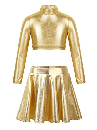 dPois Traje de Danza Jazz Ballet Niña Brillantes Conjunto Crop Tops +Falda Tutú Infantil para Actuación Fiesta Crop Top Danza Chica Dorado 6 años