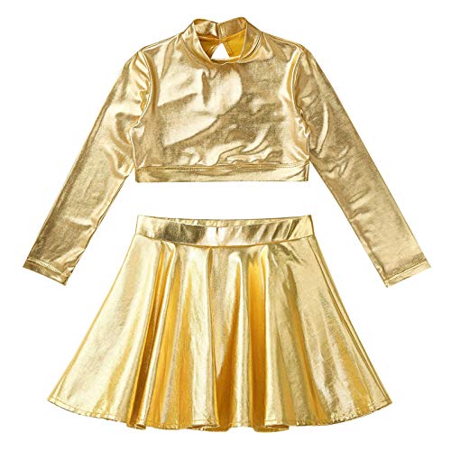 dPois Traje de Danza Jazz Ballet Niña Brillantes Conjunto Crop Tops +Falda Tutú Infantil para Actuación Fiesta Crop Top Danza Chica Dorado 6 años