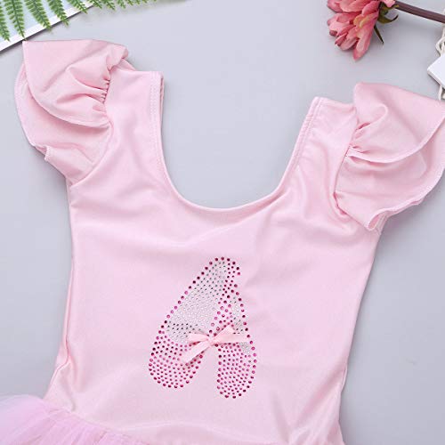 dPois Vestido de Danza Lentejuelas Niña Ropa de Ballet Maillot Leotardo con Falda Gimnasia Tutu de Fiesta Maillot Manga Corta para Niña Ballet Baile Disfraz Ballerina Bailarina Rosa A 5-6 años