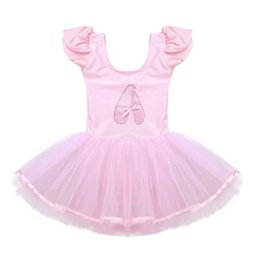 dPois Vestido de Danza Lentejuelas Niña Ropa de Ballet Maillot Leotardo con Falda Gimnasia Tutu de Fiesta Maillot Manga Corta para Niña Ballet Baile Disfraz Ballerina Bailarina Rosa A 5-6 años