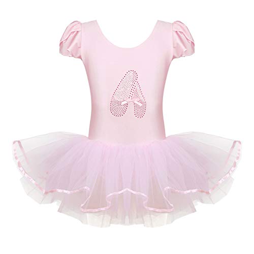 dPois Vestido de Danza Lentejuelas Niña Ropa de Ballet Maillot Leotardo con Falda Gimnasia Tutu de Fiesta Maillot Manga Corta para Niña Ballet Baile Disfraz Ballerina Bailarina Rosa A 5-6 años