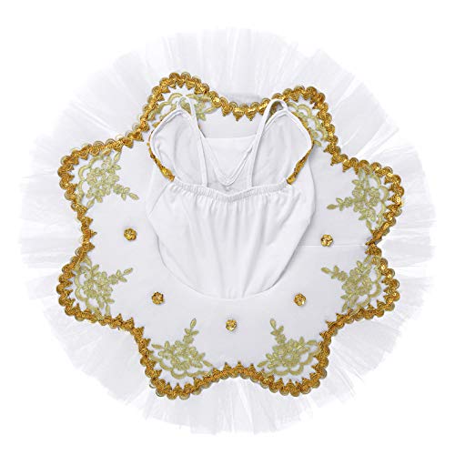 dPois Vestido Maillot de Ballet Danza para Niña Tutú Ballet Princesa Vestido Lentejuelas Brillantes + Guantes + Clip Vestido de Patinaje Artistico Disfraz Traje Bailarina Blanco B 5-6 años