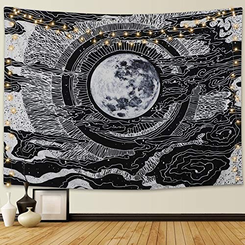 Dremisland Luna y Estrella Tapiz de Pared Mandala Colgar en la Pared Tarot Tapices Manta de Pared Blanco y Negro para Sala de Estar Dormitorio Decoración (Luna, L / 148 X 200 cm)