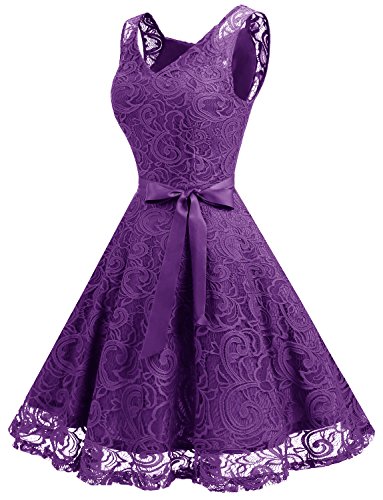 Dressystar Vestido Corto Elegante Mujer De Encaje Sin Mangas con Lazo para Madrina Fietsa Violeta XS