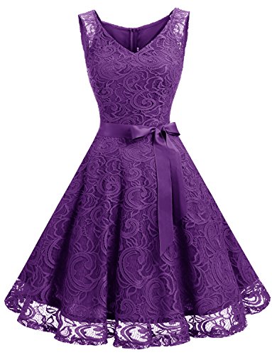 Dressystar Vestido Corto Elegante Mujer De Encaje Sin Mangas con Lazo para Madrina Fietsa Violeta XS