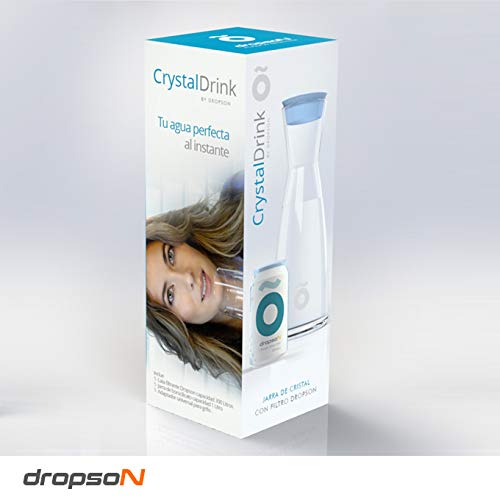 dropson - Jarra con Filtro - Modelo CrystalDrink - Jarra de Agua de Cristal 1L con Tapa en Color Azul + Filtro de Agua para Grifo, Lata Filtrante 300 litros