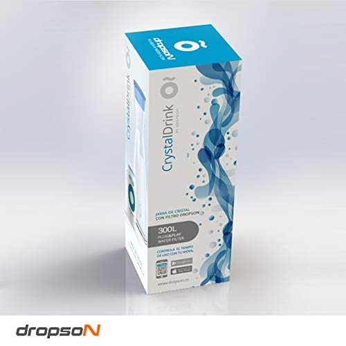 dropson - Jarra con Filtro - Modelo CrystalDrink - Jarra de Agua de Cristal 1L con Tapa en Color Azul + Filtro de Agua para Grifo, Lata Filtrante 300 litros