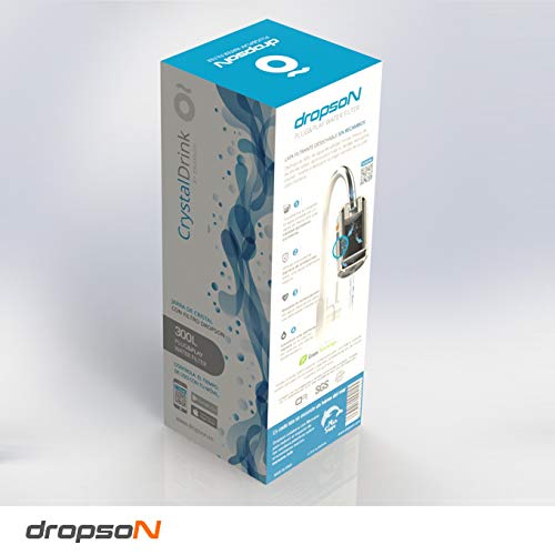 dropson - Jarra con Filtro - Modelo CrystalDrink - Jarra de Agua de Cristal 1L con Tapa en Color Azul + Filtro de Agua para Grifo, Lata Filtrante 300 litros