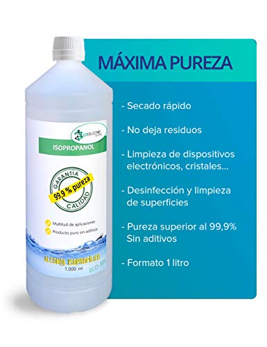 Ecosoluciones Químicas - 1 litro | Alcohol Isopropílico 99,9% Alta pureza IPA | Limpieza componentes electrónicos, Objetivos, Pantallas. Desengrasante. Desinfección y Limpieza Superficies