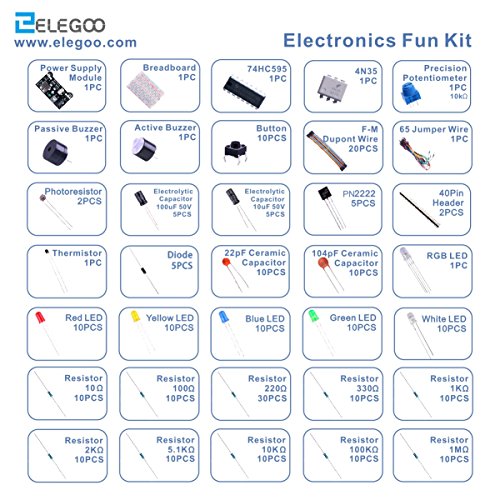 ELEGOO Kit de Componentes Electrónicos con Placa de Prototipos, Resistencias, Leds, Condensadores, Potenciómetro, para Kit de Aprendizaje UNO R3, Mega 2560, Raspberry Pi, Compatible con Arduino IDE