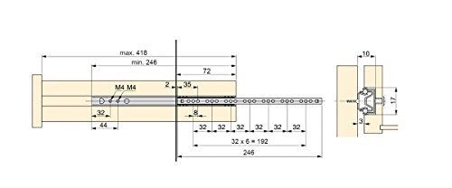 EMUCA Guías Laterales para cajones con rodamiento de Bolas 17mm x 246mm, extracción Parcial, Pack de 5 guías