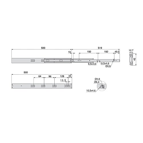 EMUCA - Guías Laterales para cajones con rodamiento de Bolas 45mm x 500mm, Pack de 5 Juegos de guías de extracción Total con Cierre Suave