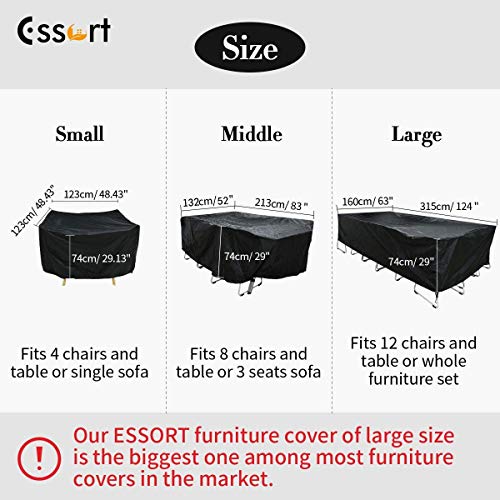 Essort Fundas para muebles de Jardin, Tamaño Grande 315x160x74cm Fundas impermeables para Muebles, Funda rectangular de poliester negro para Mesa y Silla para Patio