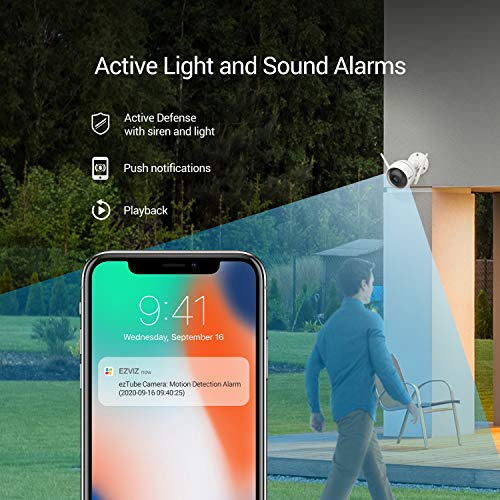 EZVIZ ezTube 1080p Cámara de Seguridad, WiFi, Defensa Activa, Luz Estroboscópica y Sirena, IP66, Visión Nocturna, Audio Bidireccional, Servicio de Nube, Compatible Con Alexa, Google Home