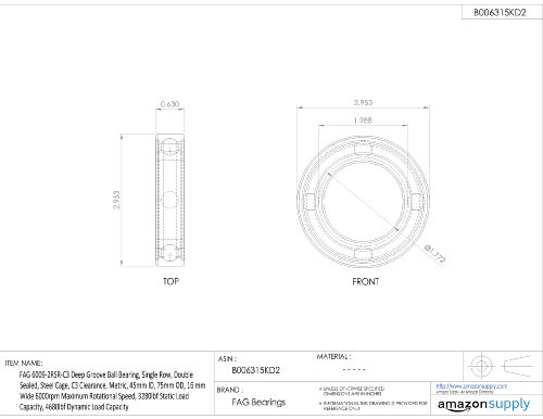 FAG 6009 – 2rsr-c3 Deep Groove Ball Bearing, sola fila, doble sellado, jaula de acero, C3 Remoción, métricas, 45 mm ID, 75 mm OD, 16 mm de ancho 6000rpm máxima velocidad de rotación, 3280lbf estática capacidad de carga, capacidad de carga dinámica 4680lbf