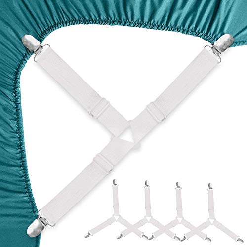 Felly 4 Piezas Sujetadores para Sábanas Ajustables Elásticos Correas Cama Clips para Sábana Bajera Fundas de Colchón Sofá (Blanco)