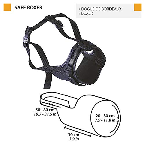 Ferplast Bozal para bóxeres Safe Boxer para Perros de hocico Corto, Parte Anterior Abierta, Suave Acolchado, Ajuste Mediante Velcro, A: de 50 a 80 cm - B: de 20 a 30 cm - C: 10 cm Negro (75585917)