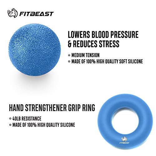 FitBeast Kit de Entrenamiento para Ejercitar el Agarre – Paquete de 5 Piezas, Pinzas para Manos Ajustables, Ejercicio para Dedos, para Estirar los Dedos, Anillo para Entrenar y Pelota Anti Estrés