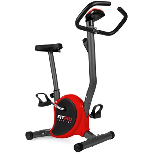 FITFIU Fitness BEST-100 Bicicleta estática compacta color Rojo, regulable en 8 niveles de resistencia, sillín ajustable en altura y pantalla LCD, Entrenamiento fitness en casa