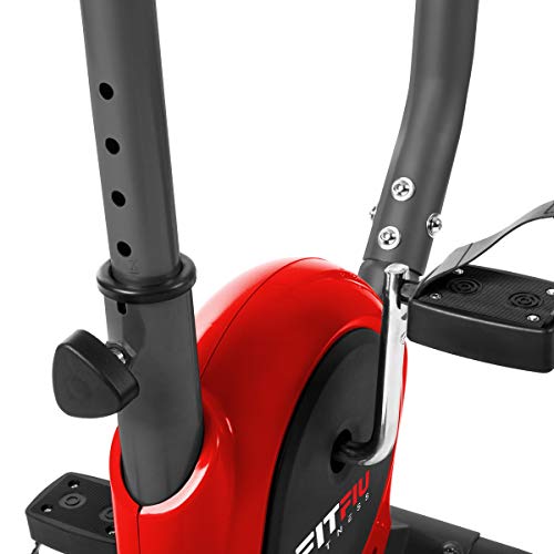 FITFIU Fitness BEST-100 Bicicleta estática compacta color Rojo, regulable en 8 niveles de resistencia, sillín ajustable en altura y pantalla LCD, Entrenamiento fitness en casa