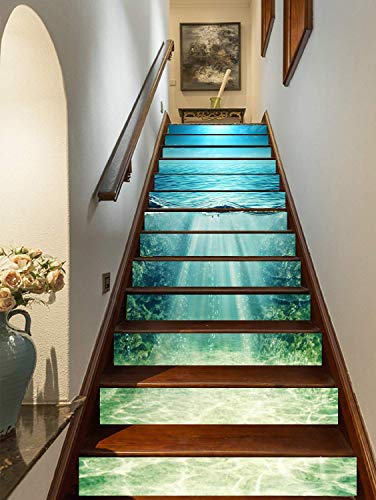 FLFK 3D Oceano azul profundo auto-adhesivos Pegatinas de Escalera pared pintura vinilo Escalera calcomanía Decoración 39.3 pulgadas x7.08 pulgadas X 13Piezas