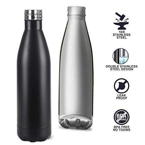 flintronic Botella de Agua Acero Inoxidable 750ml, Estanqueidad, Acero Inoxidable sin BPA Doble Pared al vacío Termo para Sport Gimnasio Trekking Bicicleta, Cepillo de Limpieza Incluido, Negro