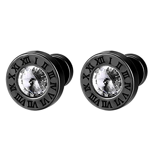 Flongo Pendientes de Hombre Mujer Aretes de Tapones de Circonita, Hip Hop Pendientes de Acero Inoxidable Diseño con Numeros Romanos Grabados, 1 Par