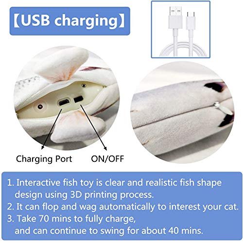 Flysee Eléctrica Juguete Pez para Gato，Peluche de Juguete eléctrico de simulación Fish Fish con Carga USB，Mascotas Interactivo de Felpa Pez para morder, Masticar, patear y Dormir