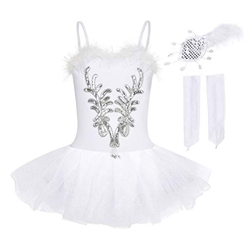 FONLAM Vestido Maillot de Ballet Tutú Niña, Blanco, 4-5 aÃ±os