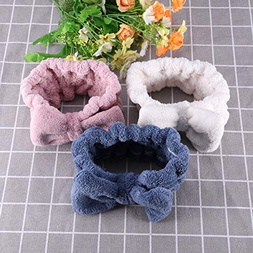 Frcolor bowknot pelo bandas elásticas coral felpa maquillaje cara Wash ducha diadema para mujer chica 3 Unidos (azul rosa blanco)