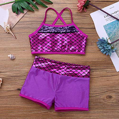 Freebily 2Pcs Tankini Deportivo de Gimnasia o Danza Ballet para Niñas Maillots de Fitness Ejercicio Body Clásico Tankini de Sirena de Playa Verano Chicas Rosa Rojo 8 Años