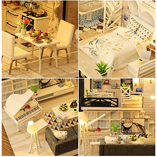 Fsolis Casa de Muñecas en Miniatura de Bricolaje con Mueble, Casa en Miniatura de Madera 3D con Cubierta Antipolvo y Movimiento Musical, Kit de Regalo Creativo de Casas para Muñecas-Happy Time