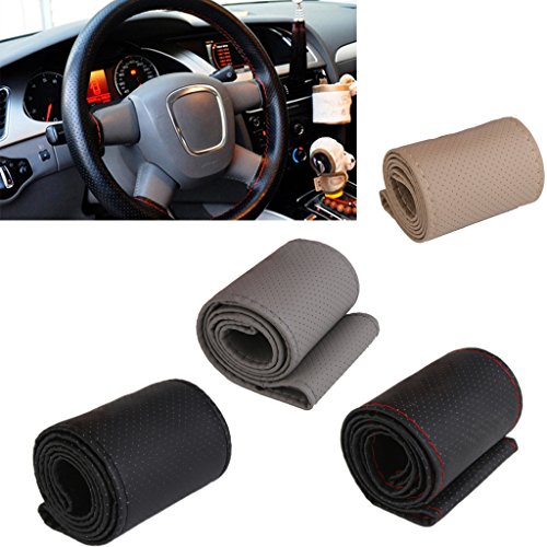 Funda Cubierta de Volante Coche Bricolaje Cuero Artificial Agujas Hilo Rojo Negro