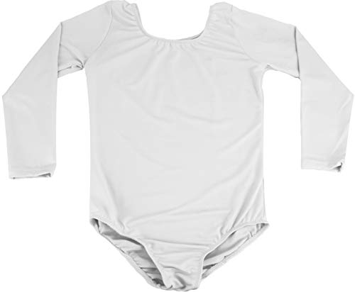 furein Maillot de Danza Ballet Gimnasia Leotardo Body Clásico Elástico para Niña de Manga Larga Cuello Redondo (10 años, Blanco)