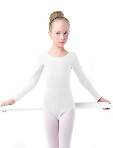 furein Maillot de Danza Ballet Gimnasia Leotardo Body Clásico Elástico para Niña de Manga Larga Cuello Redondo (12 años, Blanco)