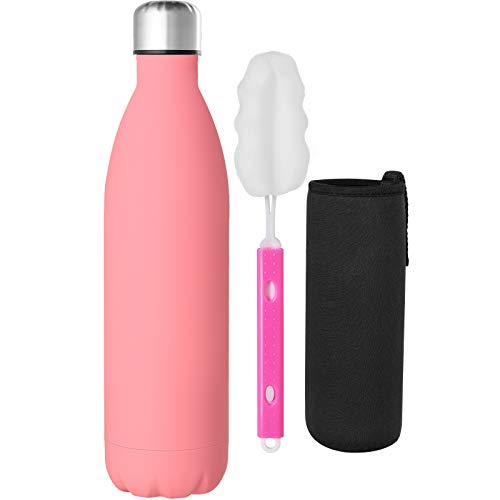 GeeRic Botella Termica 500ml,Botella Termo Acero Inoxidable Mantener 12H Caliente/24 Frío,Botella de Agua+Cepillo+Bolsa portátil para Taza Termo para Acampar,Escuela,Deportes,Gimnasio Rosado