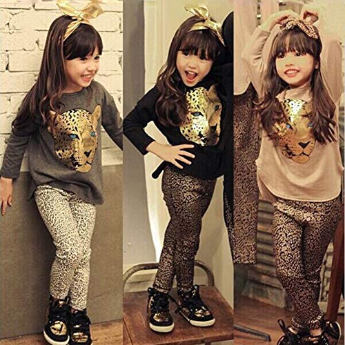 ggudd Niña Leopardo Impreso Manga Larga Tops y Polainas Pantalones Conjuntos de Trajes(Caqui,6-7 años)