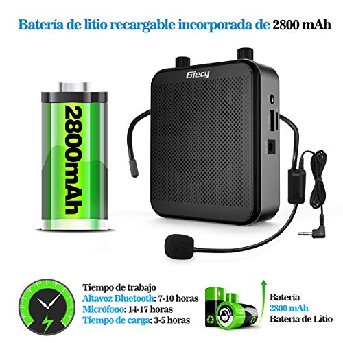 Giecy Amplificador de voz portátil con micrófono,30W batería recargable 2800mah, sistema de megafonía, amplificador voz ligero para profesores, guías turísticos, entrenadores deportivos, presentadore