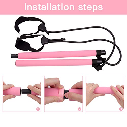 GLKEBY Kit de Barra de Pilates con Banda de Resistencia Ajustable Barra de Pilates portátil para Estiramiento, Yoga, Modelado, Ejercicio, Abdominales, Perder Peso (Pink)